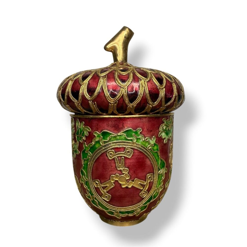 Vintage Cloisonné Enamel Acorn Trinket Box‎ Decorated Jar Burgundy & Gold